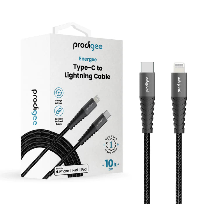 Prodigee - Cable de datos Energee Tipo C a Lightning 10ft - Negro