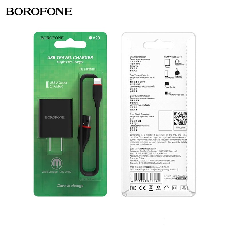 Borofone - BA20 Sharp single port charger set(iP)(US) - Negro