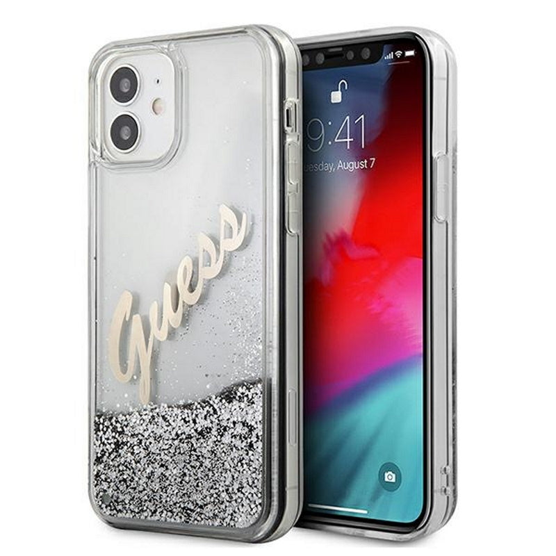 Guess - iPhone 12/12 Pro - Carcasa HC LIQ GLITTER SCRIPT VINTAGE - SILVER