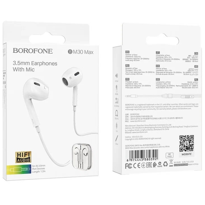 Borofone - BM30 Max Acoustic wire control earphones with mic - blanco