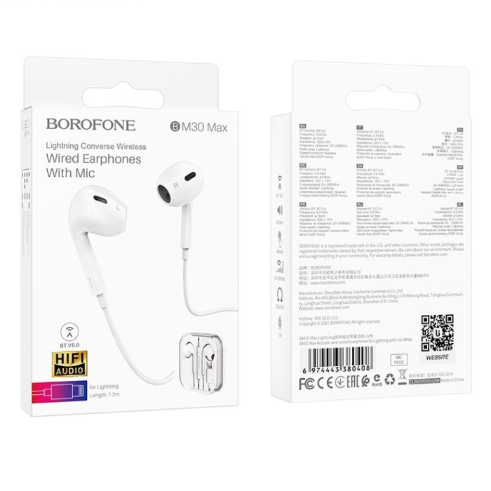 Borofone - BM30 Max Acoustic wire control earphones for iP with mic - blanco