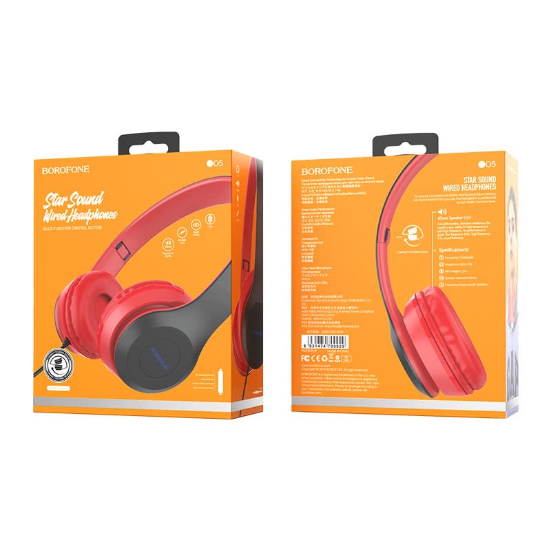 Borofone - BO5 Star sound wired headphones - Rojo