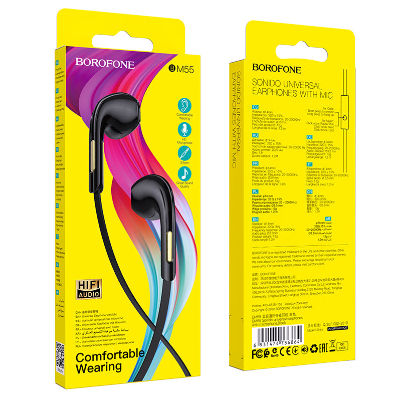 Borofone - BM55 Sonido universal earphones with microphone - Negro