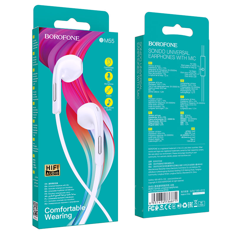 Borofone - BM55 Sonido universal earphones with microphone - Blanco